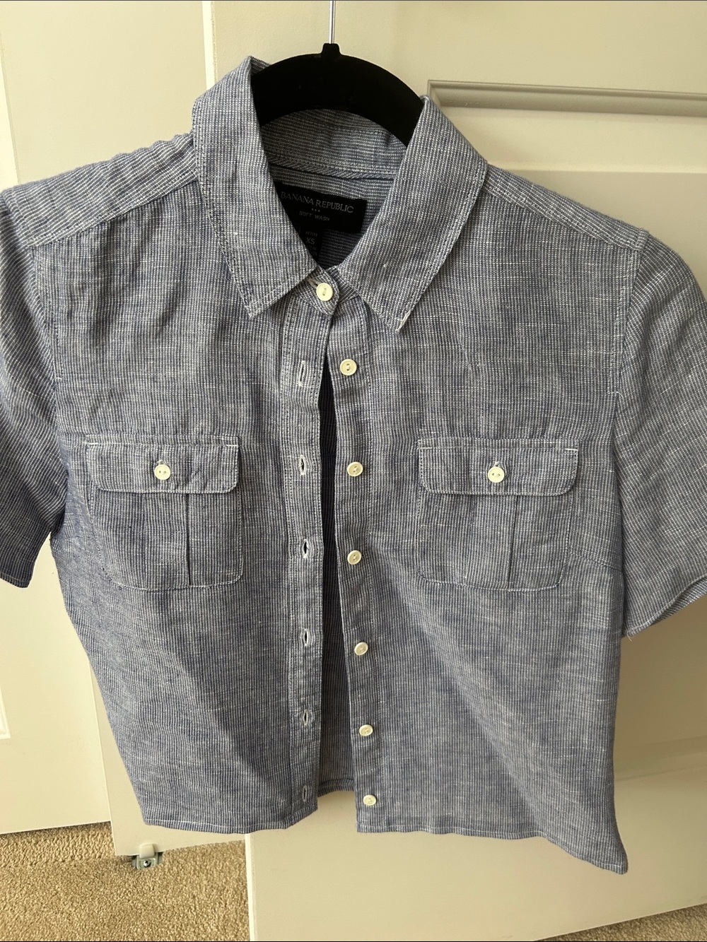 Recreated Banana Republic Blue-Striped Short-Sleeve Linen-Blend Button-Up